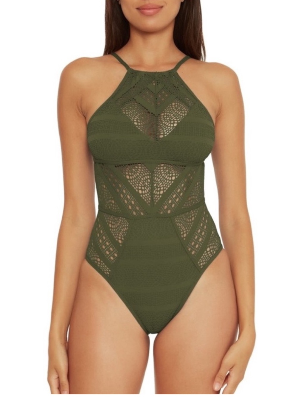 BECCA by Rebecca Virtue Women's Color Play Crochet High Neck One Piece Swimsuit